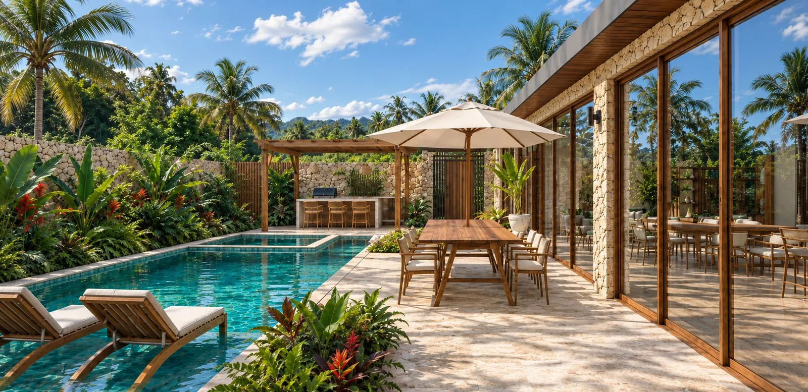 Villa Corales de Macao Village en Punta Cana: terraza junto a la piscina larga